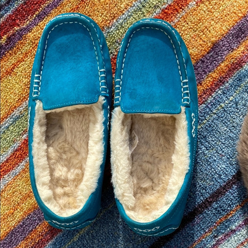 UGG Cozy Blue Suede Moccasin Slippers